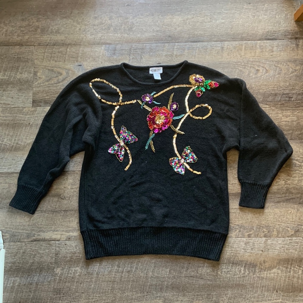 Vintage Victoria Jones Black Sweater with Sequin Floral Design‎